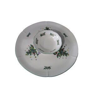 Chip and Dip Tray Happy Holidays Christmas Vintage Tree Pattern  Nikko Japan